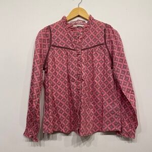 Sissy-Boy Womens Pink Geometric Floral Ruffle Lace Long Sleeve‎ Blouse Size S